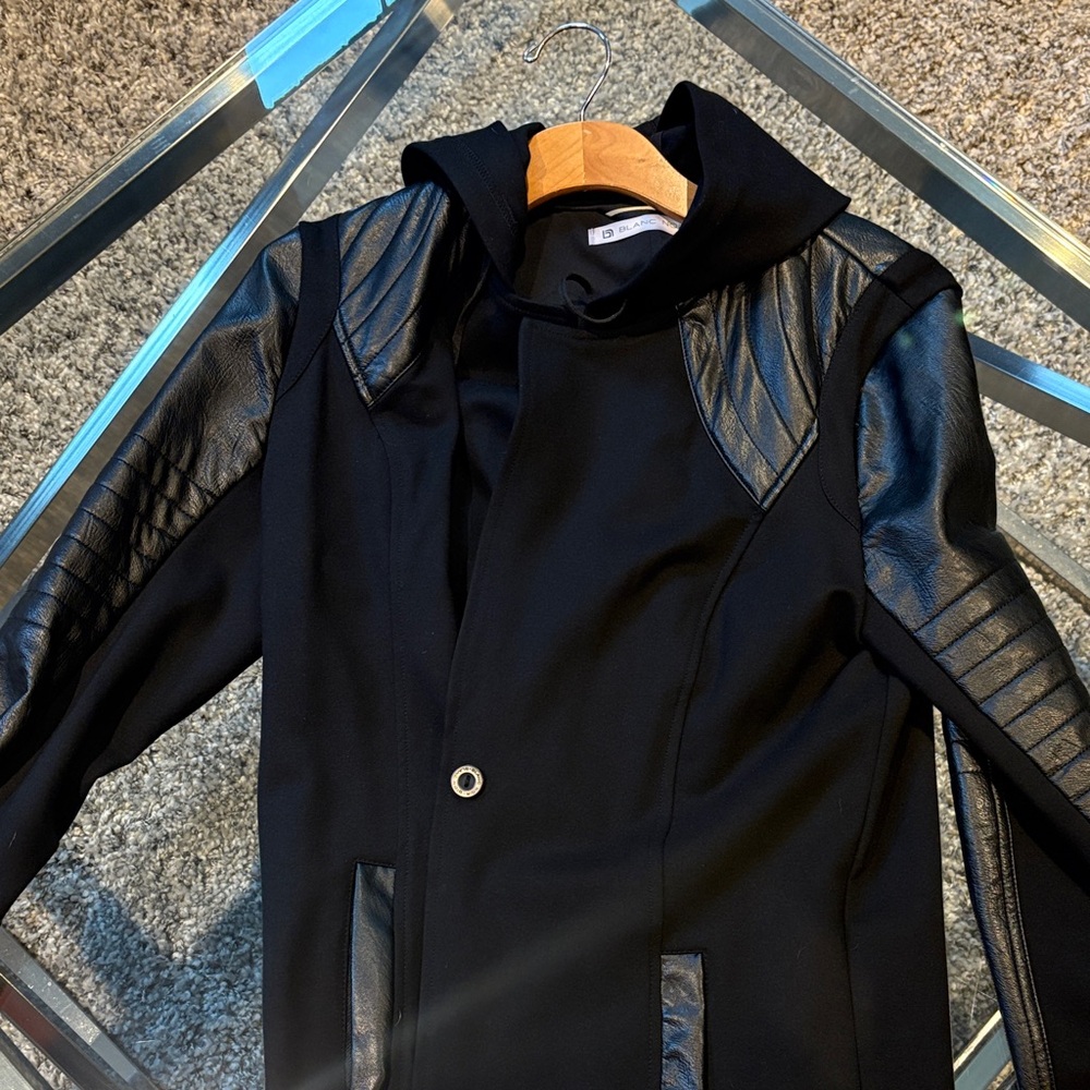 Blanc Noir Black Bomber Jacket with Leather Details